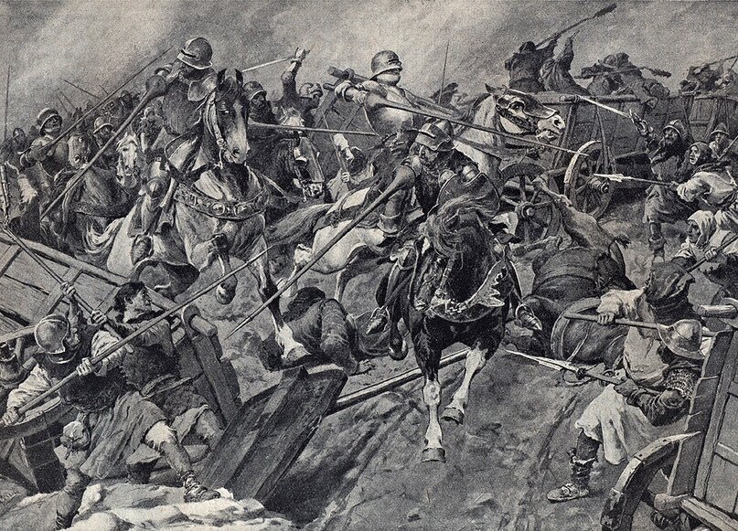Внезапная атака конницы чашников позволила им сходу войти во вражеский лагерь, представлявший из себя выстроенные стеной крестьянские телеги. Иллюстрация Венцеслава Чёрного.