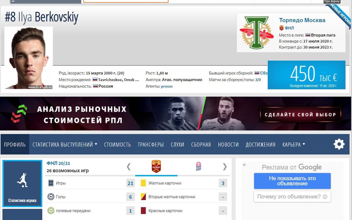 Профиль Берковского. Скрин с трансфермаркта