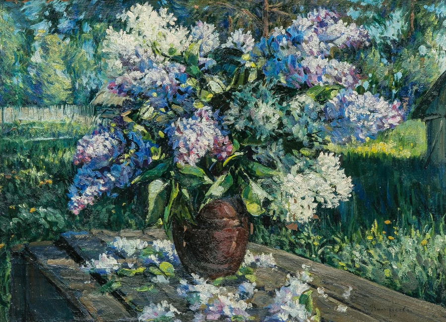 Натюрморт с сиренью. Холст, масло. 51.5 x 70.5 см