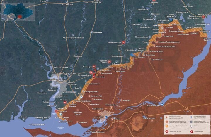 Карта боевых действий в зоне СВО на Криворожско-Николаевском направлении. Источник: t.me/rybar.