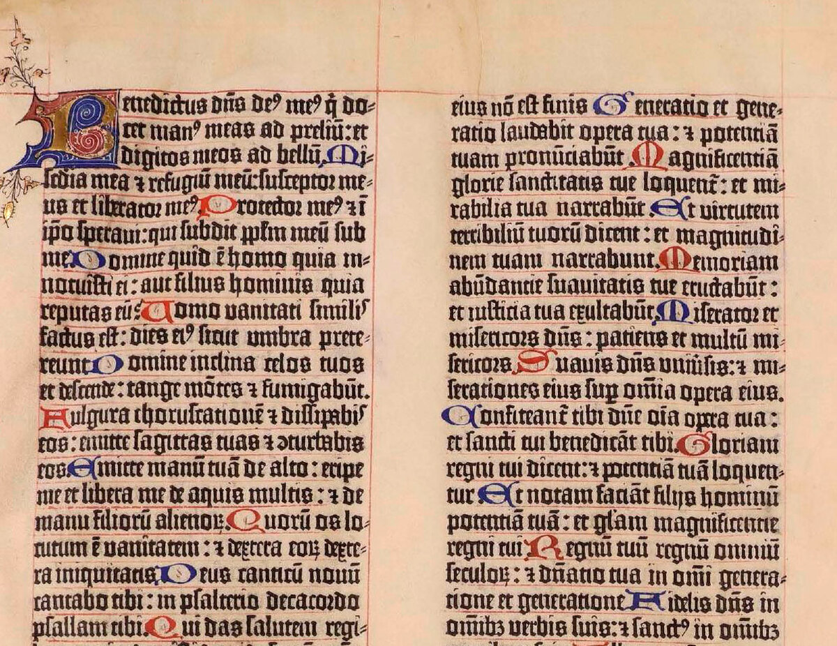 Страница Библии Гутенберга, том 1. Инициалы врисованы от руки