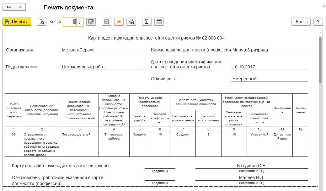 Карта профессиональных рисков