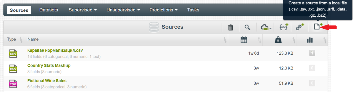 Создание источника данных в BigML.