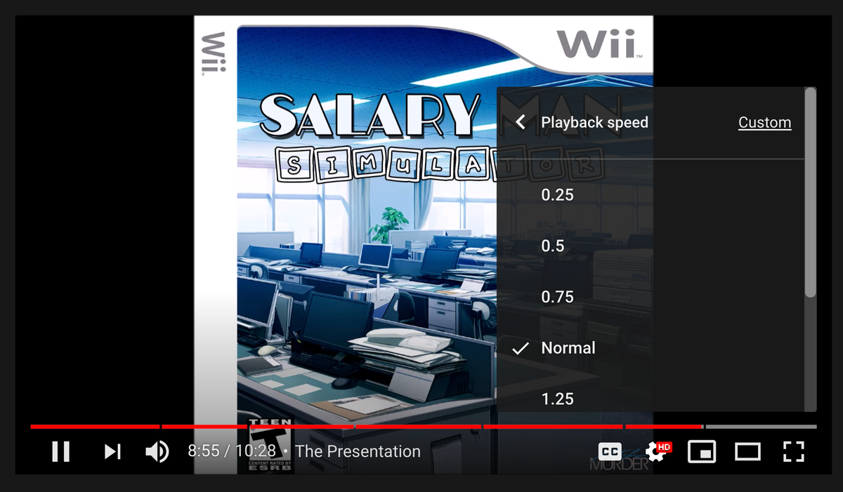 Меню скорости воспроизведения YouTube, которое можно открыть, щелкнув шестеренку и выбрав «скорость воспроизведения».