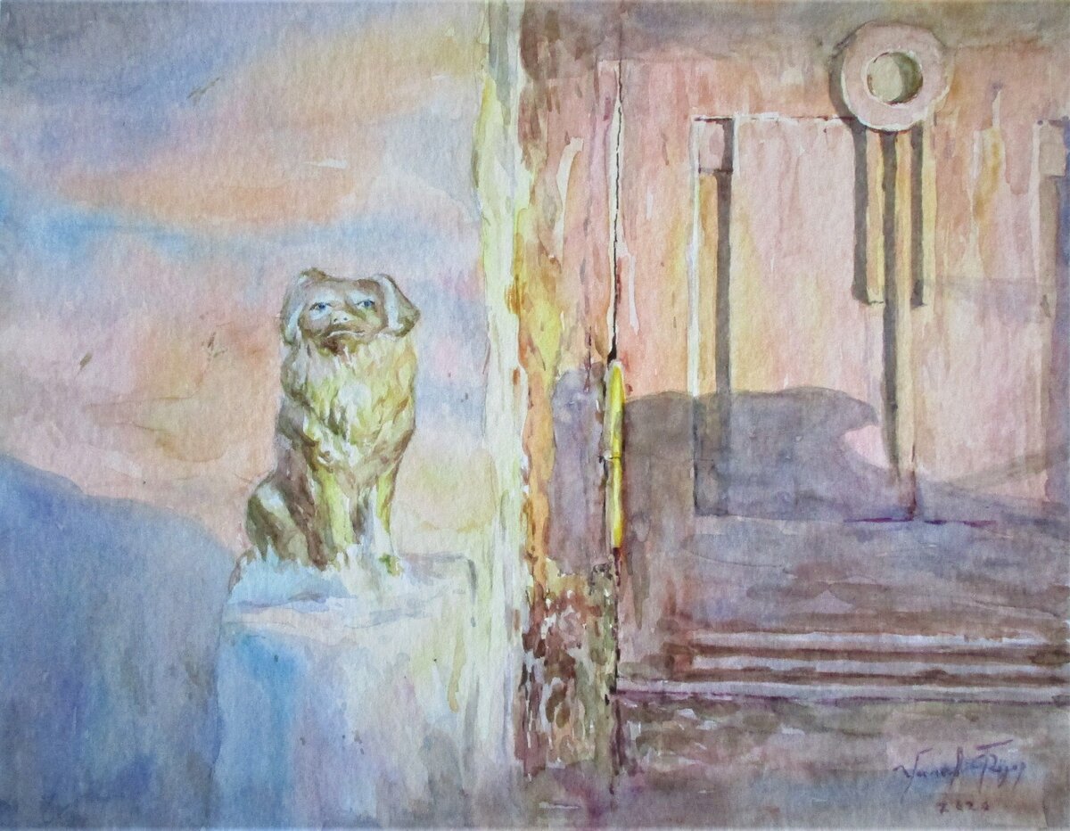 Идея картины пришла сама и случайно. Летом прогуливаясь с женой в городе Костроме, в вечернем закате я заметил, как ослепительно красиво, упал свет на собаку, сделанную из гипса, позолоченную, сидевшую около старинной двери. Меня поразили ее грустные глаза и то, как падал на нее свет. Этой картиной мне хотелось передать ностальгию о добром и радужном воспоминании другой эпохи. Мы видим старую дверь, не живую собаку, но эти герои, особенно пес, которому я решил оживить глаза, дают нам ощущение вечности, воспоминания о той ушедшей жизни людей здесь когда-то живших... На самом деле, все до сих пор живет, просто можно чуть чаще замечать тот или иной объект, который может удивительным, волшебным образом окраситься в солнечные цвета и переливы теней... Таким образом можно возвращаться в прошлое, как на машине времени, рисуя себе воспоминания о близких вам людях, верных вам животных!) 