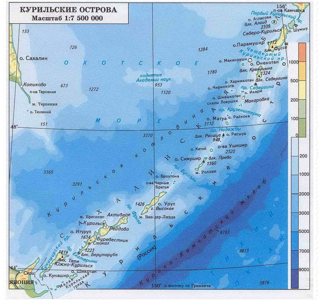 Острова Курильской гряды на карте