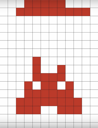Итак, возьмём тетрадный лист или разлинуем обычный. Наверху в виде двух полосок разной длины изобразим кепку. Ниже нарисуем комбинезон такого же красного цвета.
