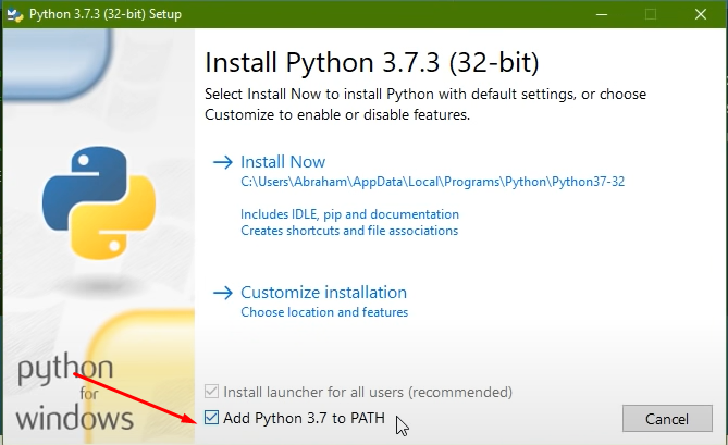 Установить галочку Add Python to PATH
