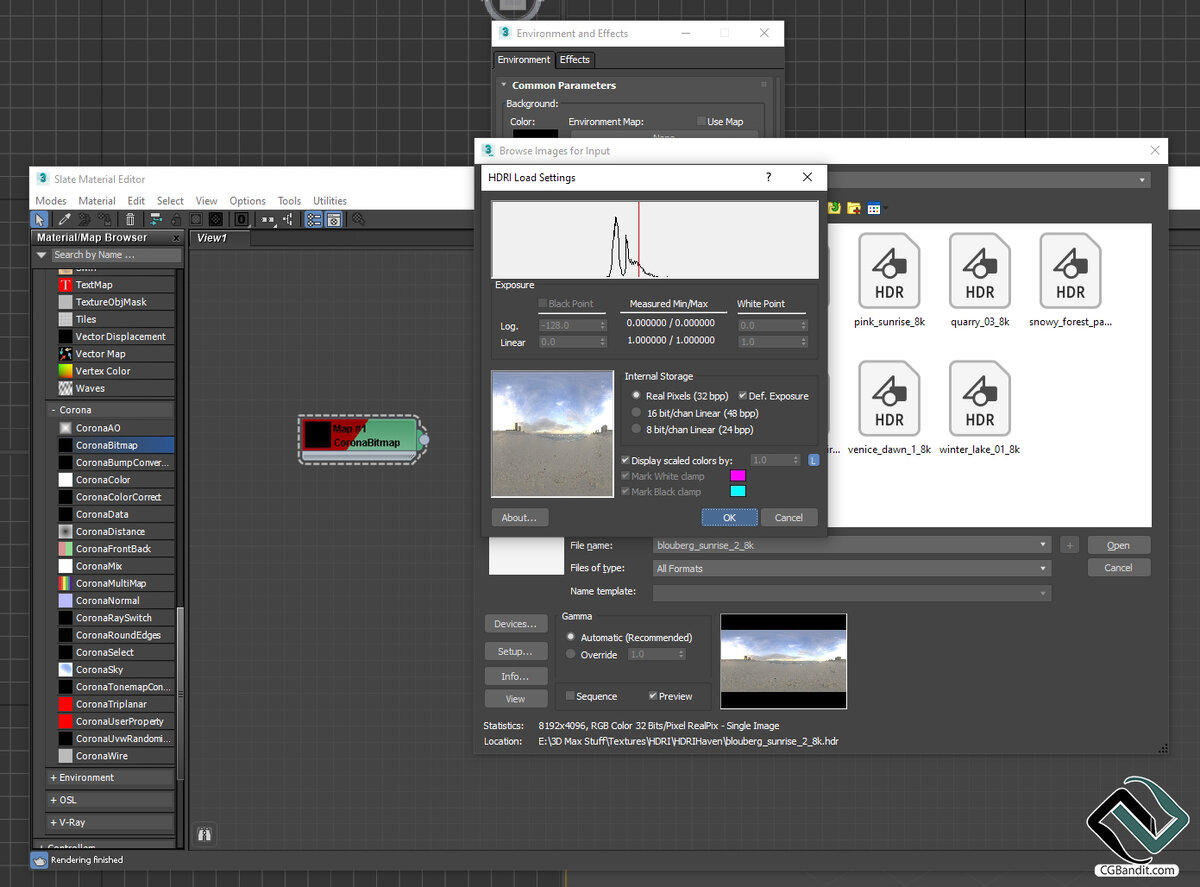 В левой части Material Editor в разделе Maps > Corona перетащите CoronaBitmap в редактор. Появится окно для загрузки растрового изображения.  Найдите и откройте (двойной щелчок) ваш HDRI.  Нажмите OK. 