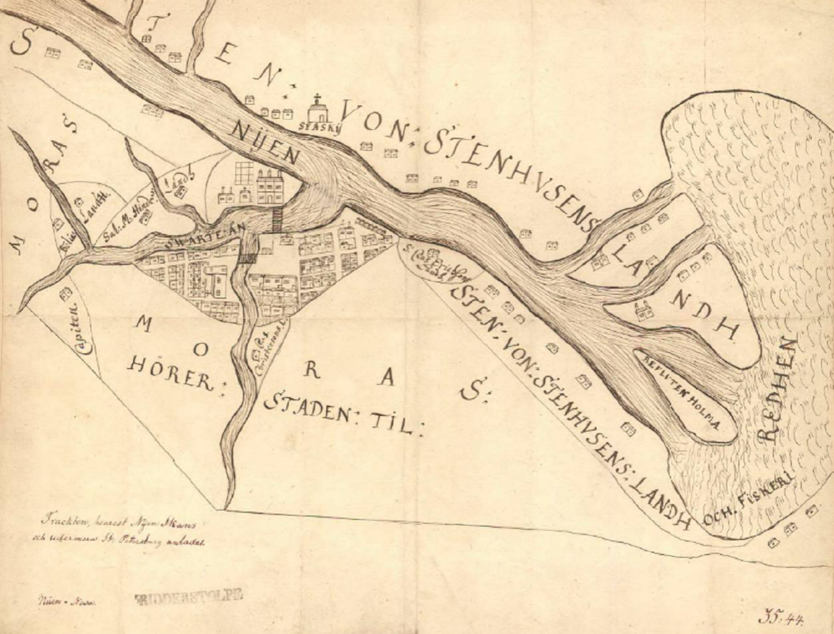 Это шведская карта, изображающая часть земли Ингерманландии — так до XVIII века называлась земля на северо-западе современной России, где теперь расположены Петербург и Ленинградская область. Карта составлена в 1643 году, когда этой территорией владела Швеция.