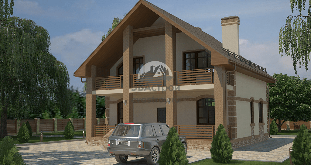 Проект дома 156 м2 с мансардой, большим балконом и террасой - 102-02