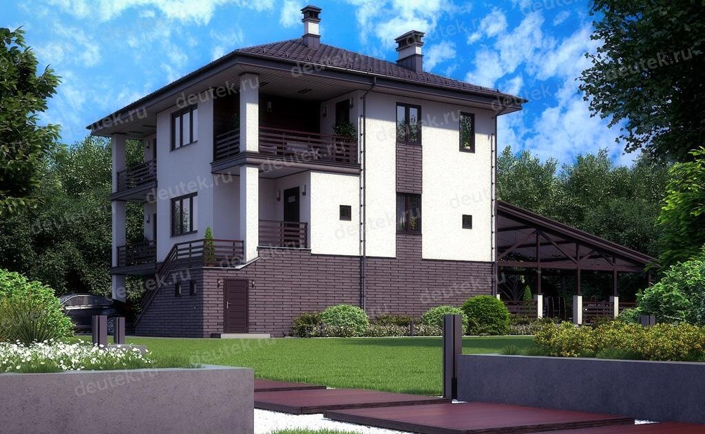 Проект двухэтажного дома 308 м2 с кабинетом, сауной, балконом и гаражом - DT0233