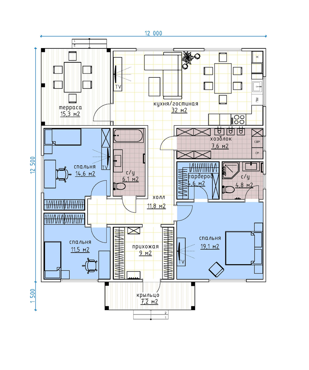 В компактном доме «Оптимум-140» от DMITRY DOM между кухней и террасой находится зона гостиной, но диван и телевизор стоят в стороне — проходящий не мешает отдыхающим