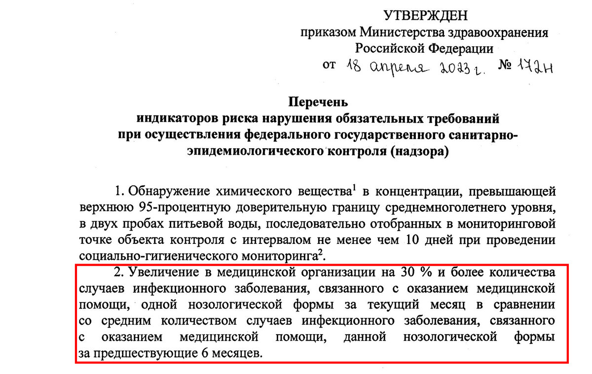 Приказ Министерства здравоохранения Российской Федерации от 18.04.2023 № 172н "Об утверждении перечня индикаторов риска нарушения обязательных требований при осуществлении федерального государственного санитарно-эпидемиологического контроля (надзора)"