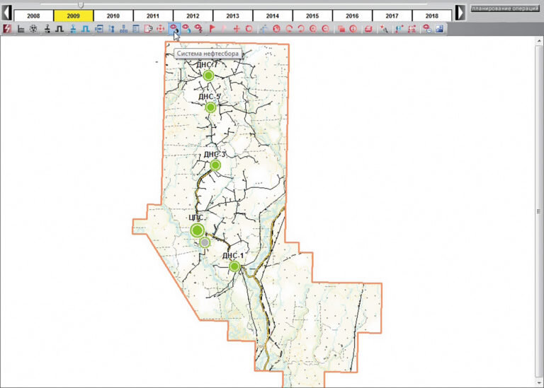 Рис. 1. Отображение инфраструктуры месторождения: система нефтесборных трубопроводов