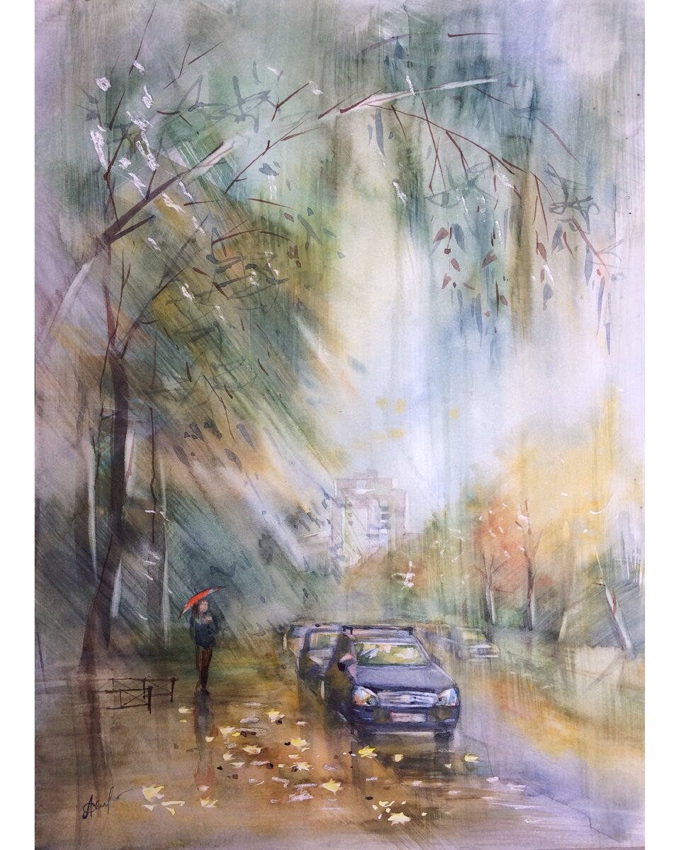 Дождь. А3. Акварель.