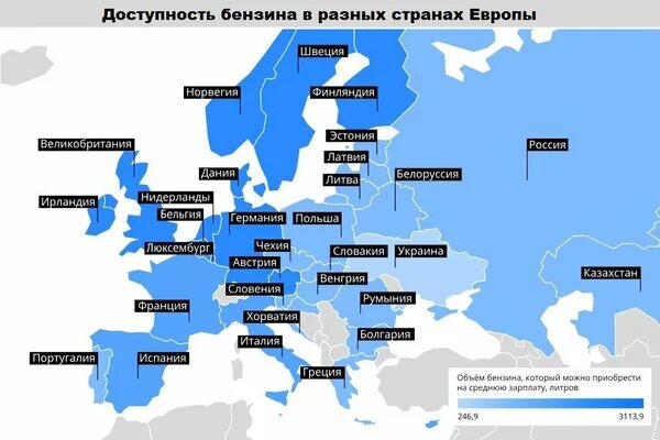В каких странах Европы можно купить больше топлива на среднюю зарплату.
