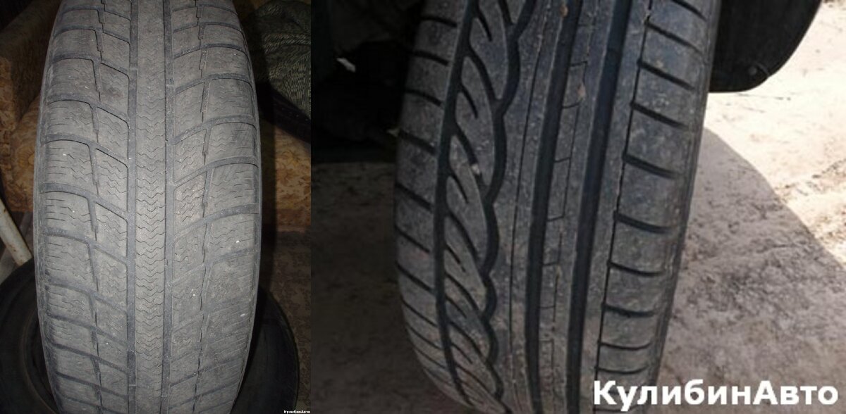 Зимняя шина слева и летняя шина справа. Различия в структуре протектора хорошо видны. 
