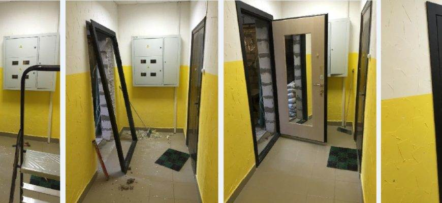 Мнение, что работы начинаются с промеров, ошибочно. Точнее, данное утверждение имеет смысл, если речь идет о ремонте в новостройке. В остальных случаях установка металлической входной двери – процедура, состоящая из нескольких этапов. Когда жилплощадь не заселена, и дверная коробка устанавливается впервые, замерить проем ничего не помешает. В противном случае возможны ошибки, а отклонение в пару сантиметров становится большой проблемой, а иногда даже критичной.