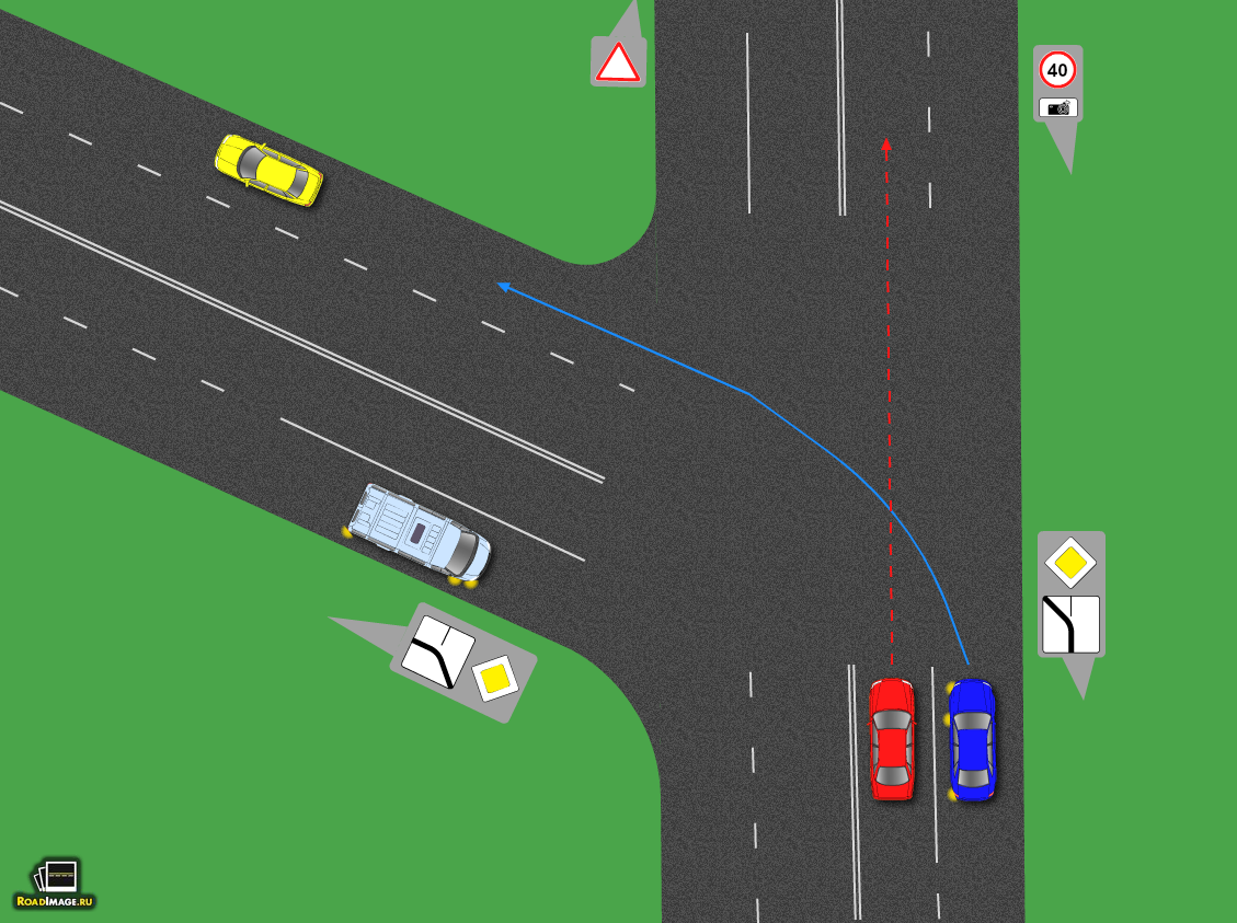 У какого автомобиля преимущество при проезде перекрёстка?