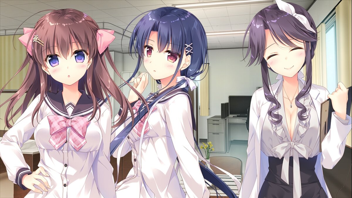 Дойдя до этого момента, у меня руки опустились искать что-то дальше, ибо я вспомнил истинную причину забыть эту игру к чертям волчьим – отсутствие рута Тихиро (той красавицы, что по центру; справа медсестра Марин, с ней тоже рута нет). Вообще, эта игра больше походит на злую пародию: есть подруга детства (Кана), дандере с секретом (Тихиро), медсестра (Марин), волкодевочка (Ироха) и даже младшая сестрёнка (Котори), но нормальных рутов ни у кого нет. Именно за эти обманутые ожидания игра в моих глазах ниже рейтинга сборной Белоруссии по футболу. Источник: данные ФИФА, то есть там же.