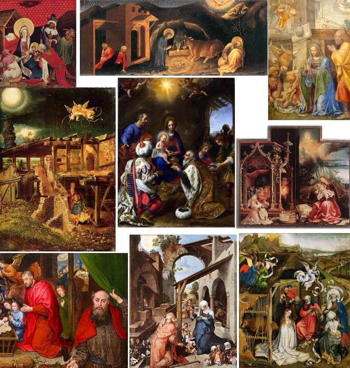 Рис.10. Подборка средневековых картин со сценами Рождества, где явно изображены в небе явления похожие на взрыв.