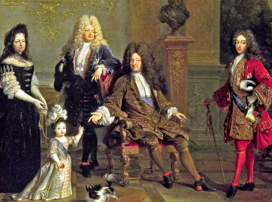 Семья короля Людовика XIV. Все мужчины в алонжевых париках.