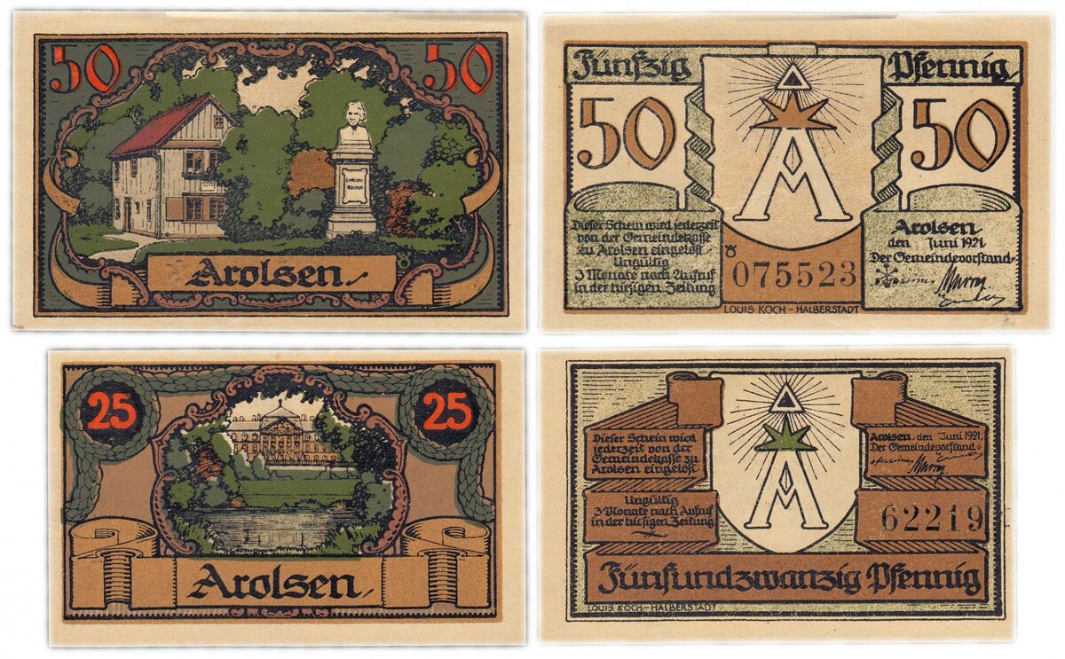 Нотгельды 1921 год. 25 и 50 пфеннигов. Германия (Бавария: Арользен). Фото из открытых источников.