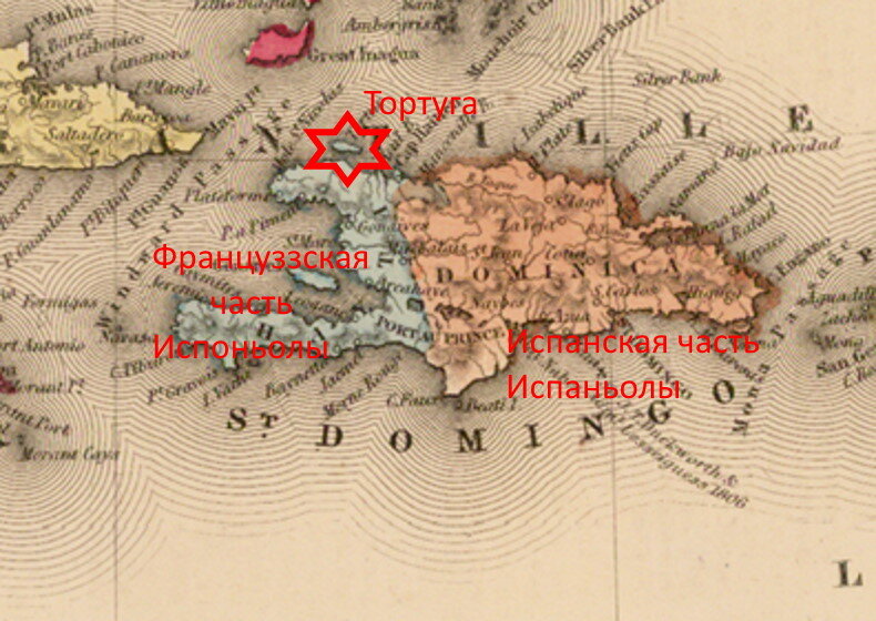 Это карта более позднего периода, когда Испания официально признала западную часть Испаньолы французской территорией