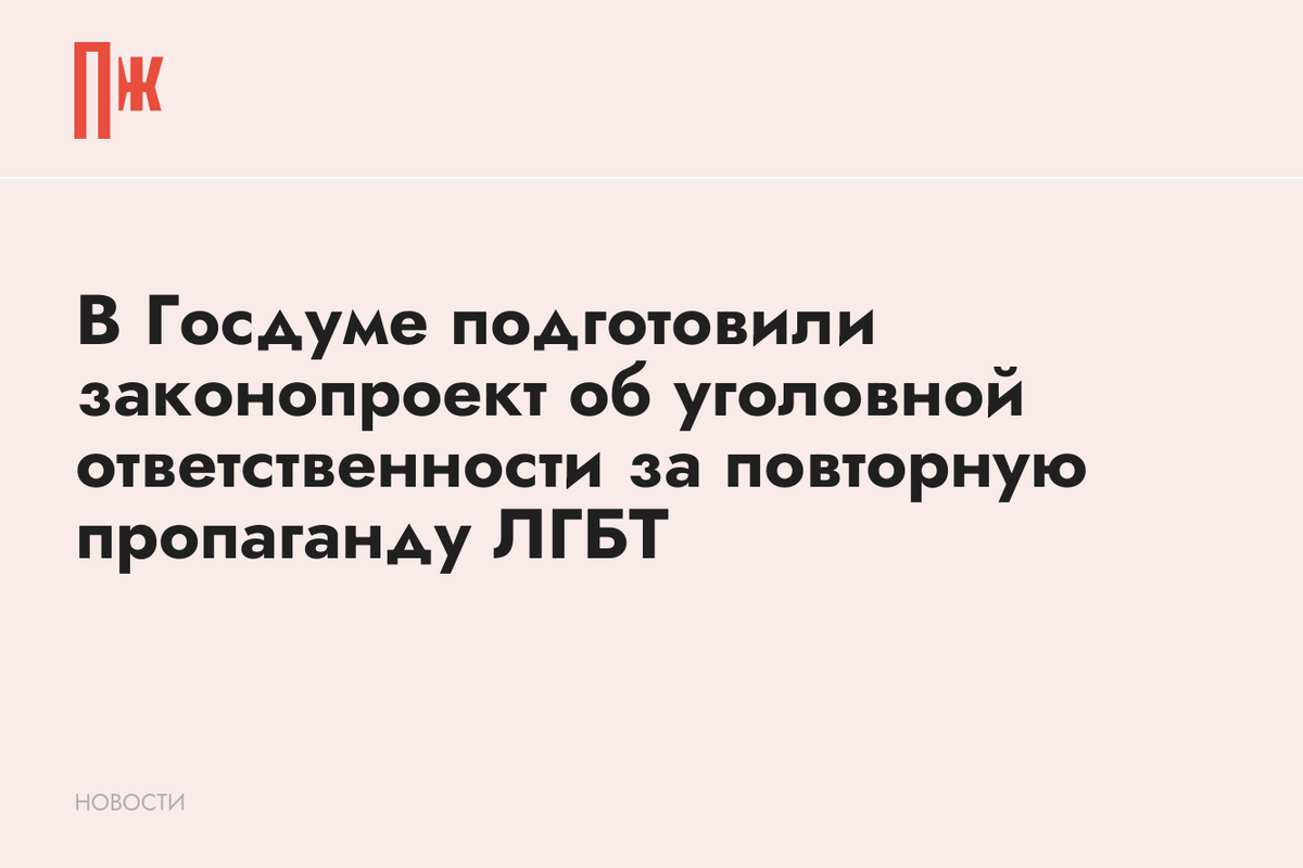     В Госдуме подготовили законопроект об уголовной ответственности за повторную пропаганду ЛГБТ