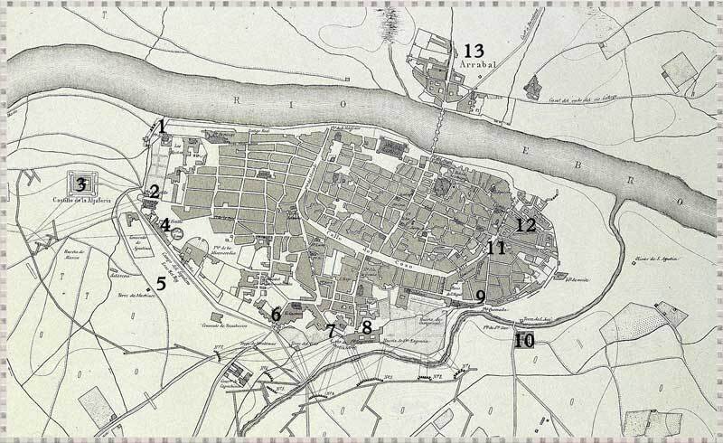 План Сарагосы в 1808 году. 1. Ворота Санчо. 2.Ворота Портильо. 3. Замок Альхаферия. 4. Кавалерийские казармы. 5. Эрас-дель-Рей. 6. Ворота Кармен. 7. Ворота Санта-Энграсия. 8. Монастырь Санта-Энграсия. 9. Ворота Кэмада. 10. Монастырь Сан-Хосе. 11. Район Магдалена. 12. Район Тенериас. 13. Аррабал