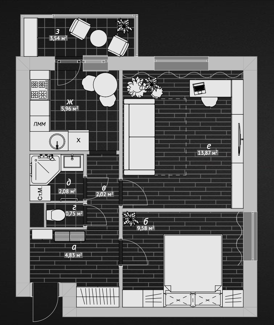 Первый вариант перепланировки двухкомнатной квартиры дома серии II-18 