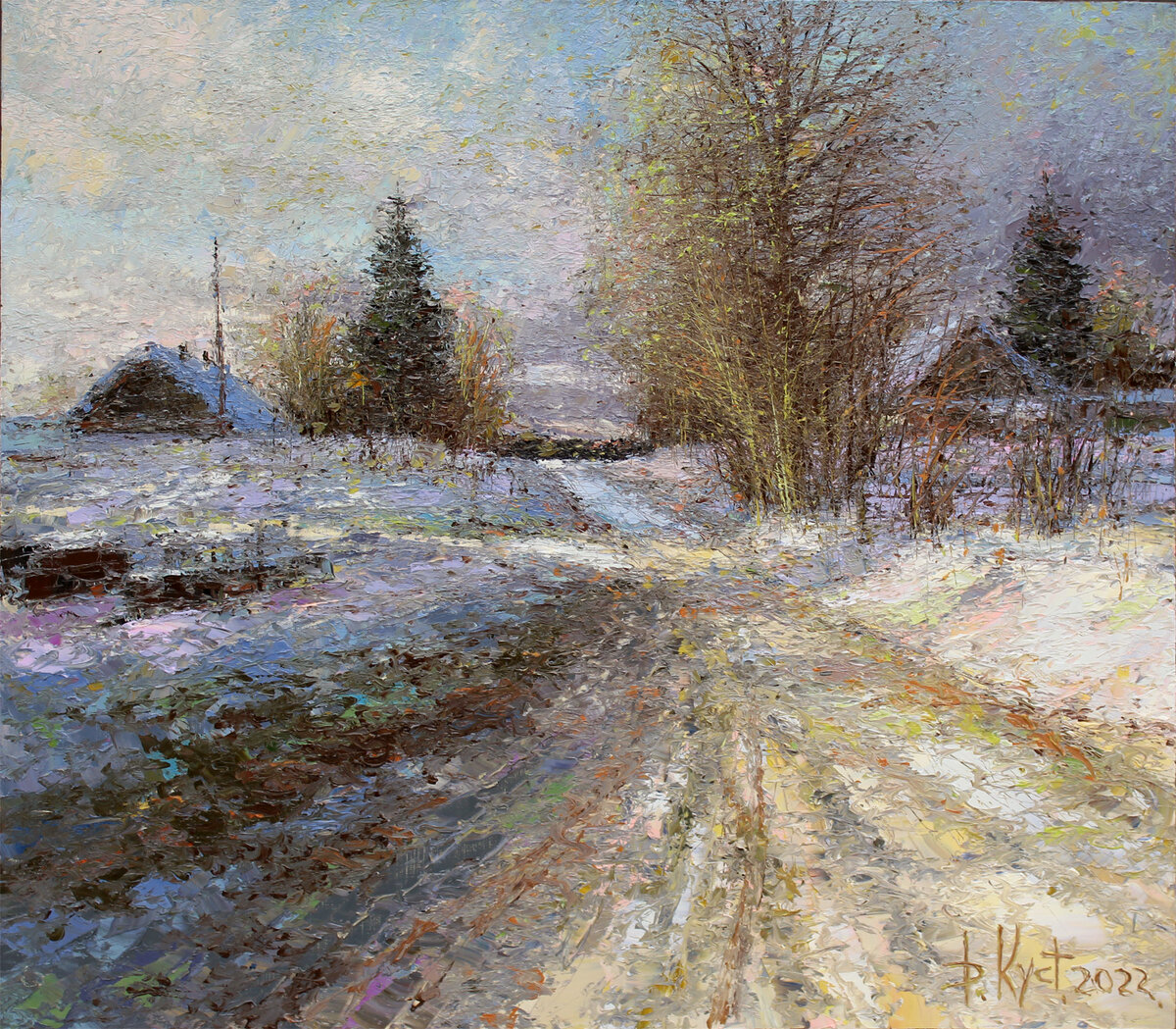 Дмитрий Кустанович. Зимняя деревня. Переменная облачность, 70x80 см, 2022