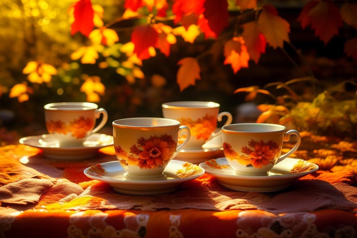 tea cups on a table in autumn, in the style of romantic emotivity, dark orange and white, pentax 645n, romantic emotion, dmitry spiros, flower and nature motifs, creative commons attribution