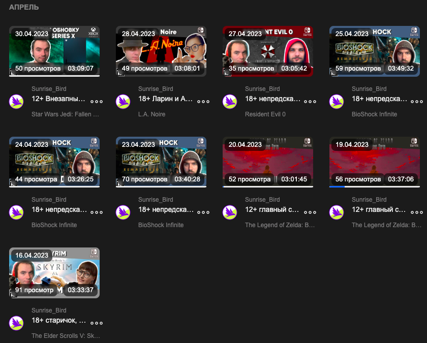 Это наши трансляции за апрель 2023 года, здесь можно увидеть первую трансляцию и количество просмотров на каждой записи.