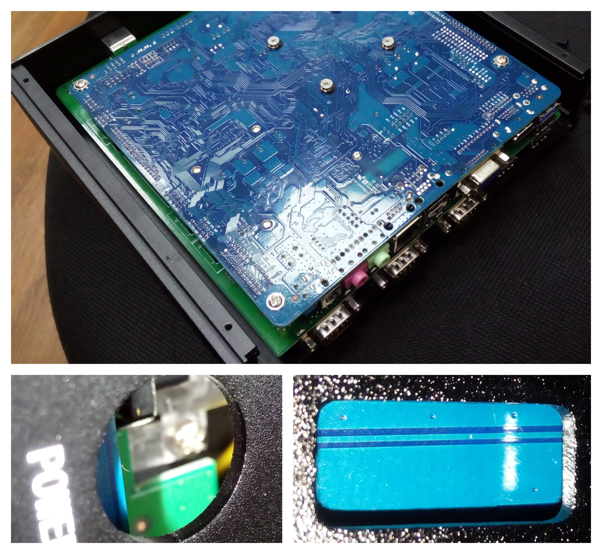 Задняя сторона материнской платы со снятой задней крышкой корпуса системного блока; обработка отверстий в заглушках портов.