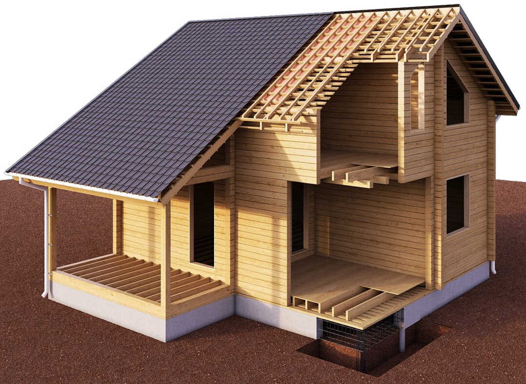 Двухэтажный дом из бруса в разрезе