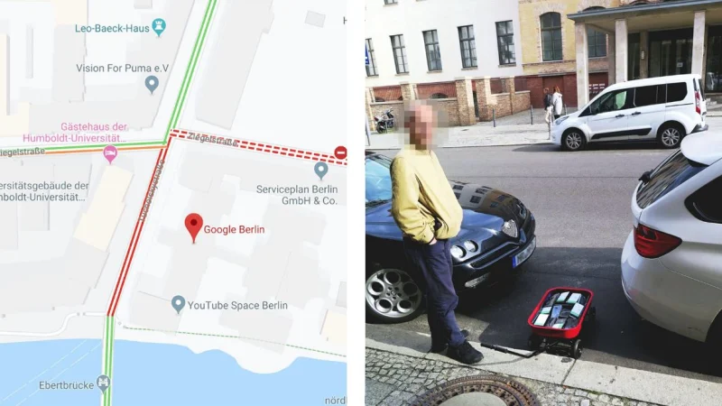 По мере того, как фургон двигался по улицам, на картах Google загорался красный, указывая на пробку, которую нужно было избегать.