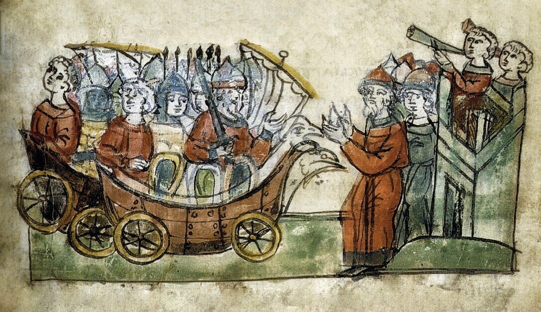 Драккары Одду  на колесах у Константинополя (Радзивилловская летопись)