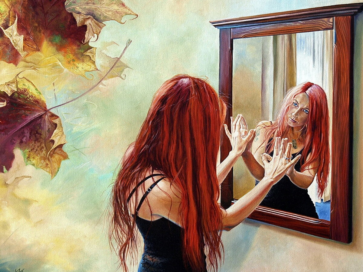 Как мы видим себя в зеркале. Отражение в зеркале. Картина отражение в зеркале. Отражение в зеркале живопись. Девушка отражение картина.