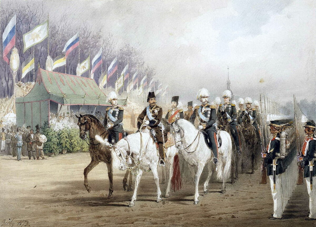 Михай Зичи. «Александр II и шах Наср-эд-Дин во время парада на Царицыном лугу в 1873 году» Картина 1874 года. 