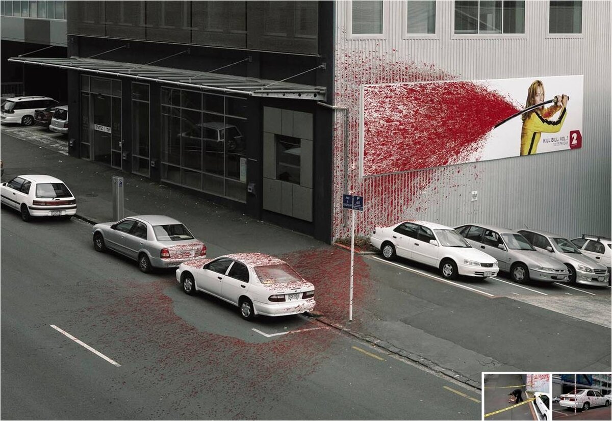 Рекламный баннер для фильма "Убить Билла 2",демонстрирующий,что фильм не для детей и что там будет жестокость и много крови.