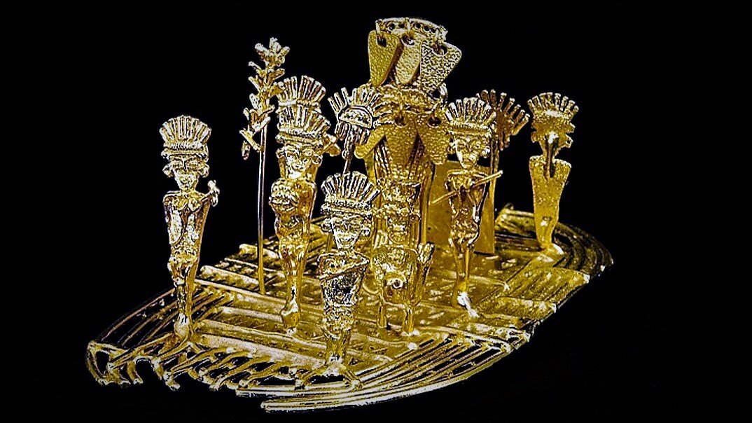 Легендарный золотой плот муиска. Золотая скульптура выполнена из сплава чистого золота (более 80%) с самородным серебром и небольшим количеством медного сплава, и сделана с помощью давным-давно утерянного метода литья в воске. Изображает эта скульптура ритуальную церемонию назначения нового зипа (правителя) на озере Гуатавита. Правитель окружен другими вождями, украшенными перьями, подвесками, браслетами, коронами и серьгами. 