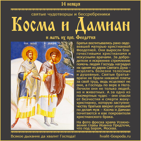 14 ноября – память святых чудотворцев и бессребреников Космы и Дамиана Азийских и матери их прп. Феодотии (III век).