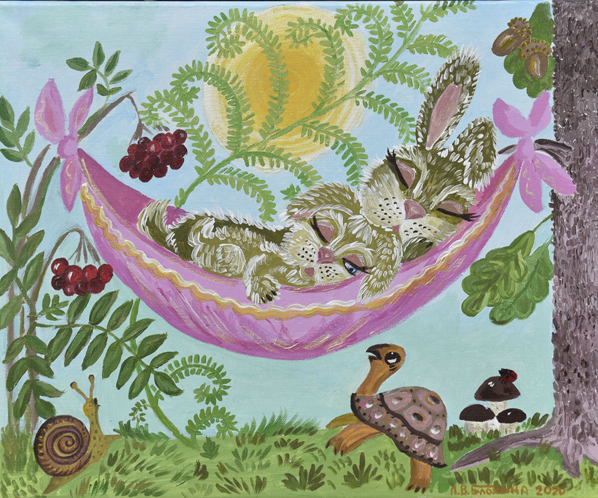 Акрил. Холст. Иллюстрация а сказке: "А платок не простой, он с каемкой золотой" Л. Блохина