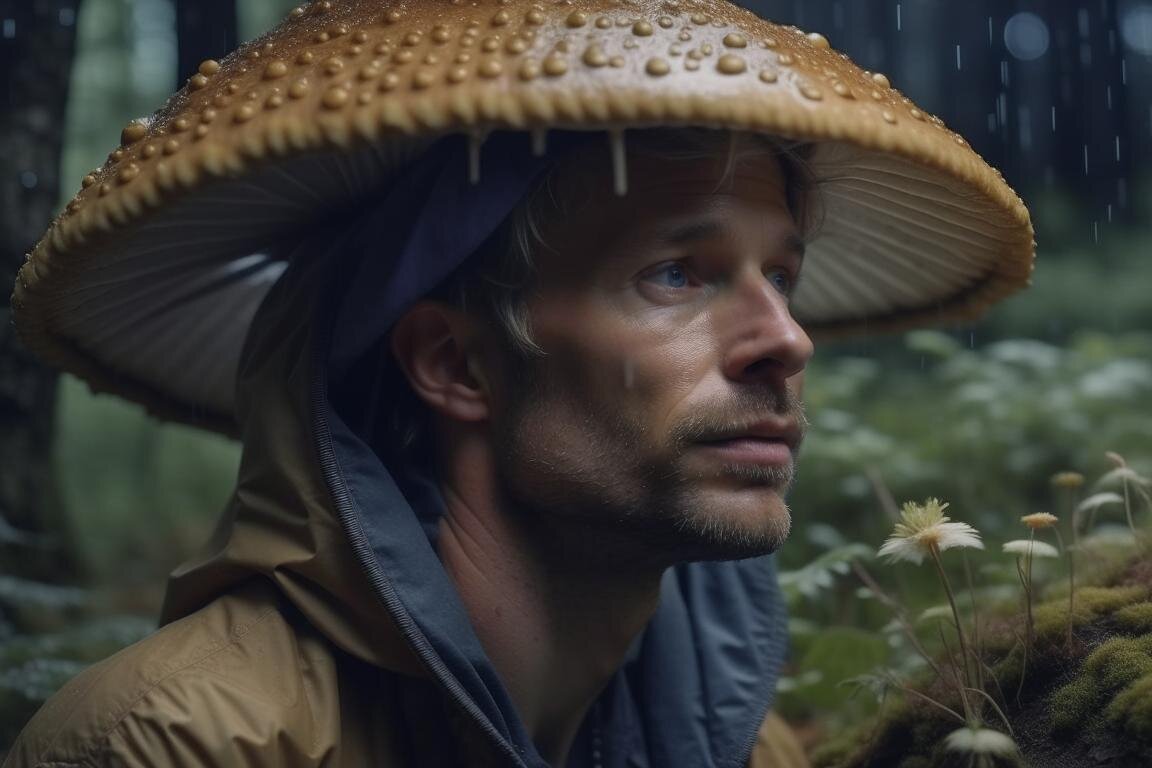 Шляпка от огромного гриба может пригодиться в дождь. Нейросеть Kandinsky 2.2.