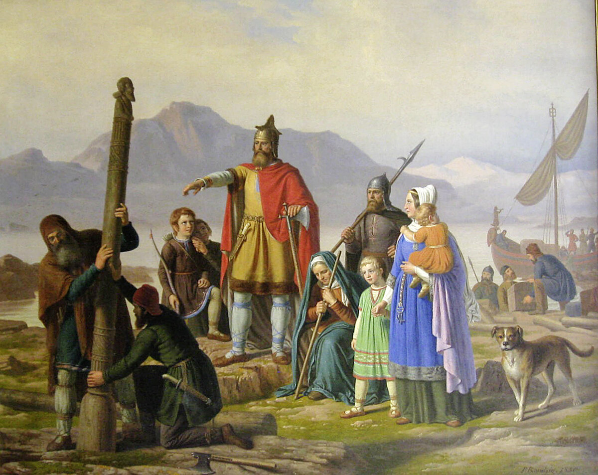 — [ «Колонизация земель — процесс заселения и освоения новых территорий» (С) ] Исторические параллели: колонизация Исландии. «Ингольв Арнарсон основывает поселение в Исландии». Художник Йохан Петер Росиг. 1850 год