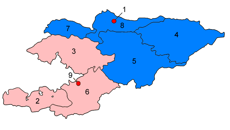 Условное деление Кыргызстана (Источник: Википедия)