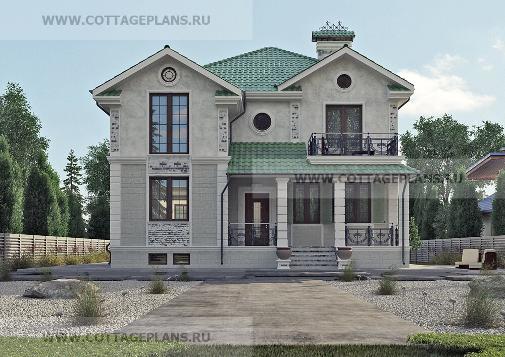 Очень популярный дом в классическом стиле. В качестве отделки фасада дома применяется декоративная штукатурка, искуственный камень и плитка под кирпич ручной формовки. Мы можем предоставить Вам версию, в которой в качестве облицовочного материала применяется керамический кирпич. Кровельное покрытие цементно-песчаная черепица. Как и во всех наших проектах, планировка дома предполагает большие жилые зоны, за счёт сведения к разумному минимуму проходных зон. Все коммуникации находятся на одном стояке. Котельная расположена через стену от кухни, не возникнет проблем с подключением газовой плиты. Дом подходит для семьи из 5-6 человек.