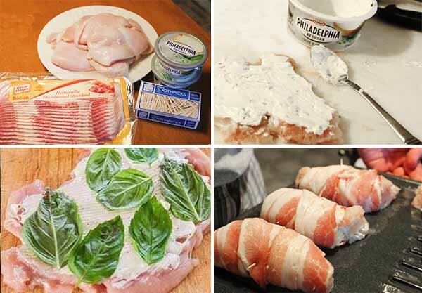 Разрежьте куриную грудку вдоль и слега отбейте ее, сделав плоской. Посолите, поперчите.
Смажьте мягким сыром. Добавьте зелень. Распределите перец на 4 грудки. Добавьте сверху твердый сыр. Заверните каждую грудку в два ломтика бекона. Закрепите шпажками.